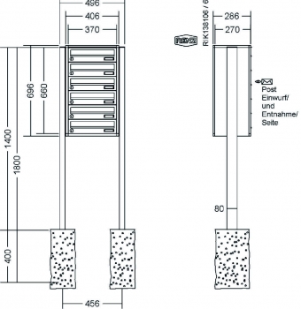 RENZ Briefkastenanlage freistehend, Quadra, Kastenformat 370x110x270mm, 6-teilig, zum Einbetonieren